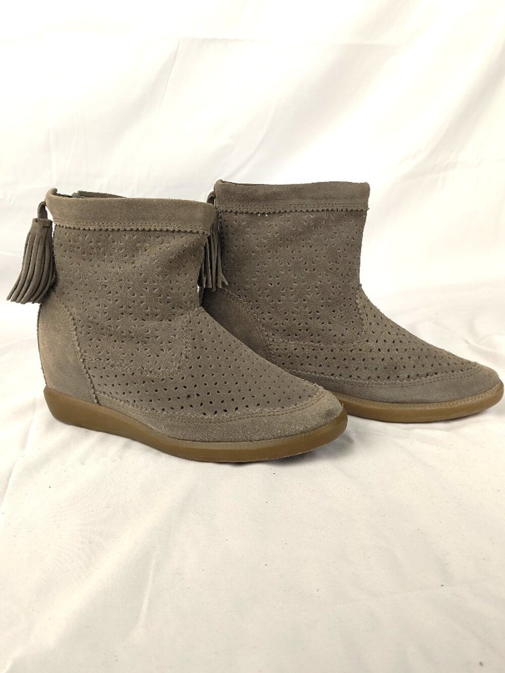 Isabel Marant Taupe Perforated Suede Hidden Wedge Ankle Boots with Tassels 37